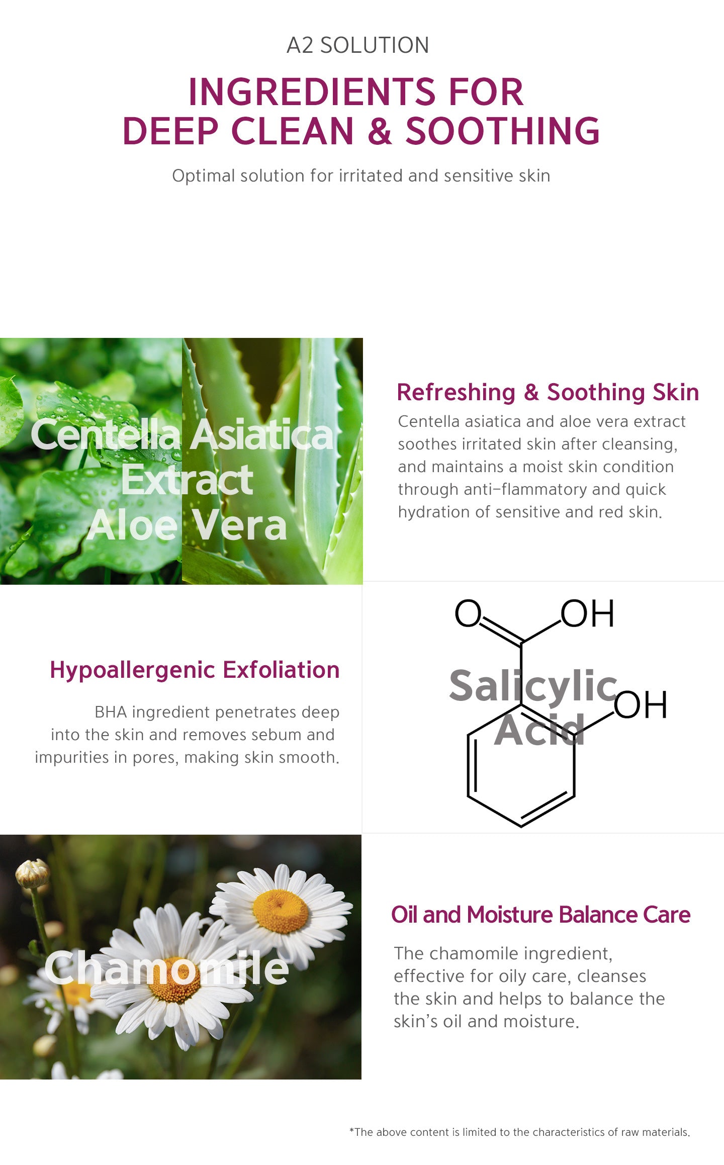Ingredients for deep clean & soothing, optimal solution for irritated and sensitive skin. Refreshing & soothing skin, hypoallergenic exfoliation, oil and moisture balance care.