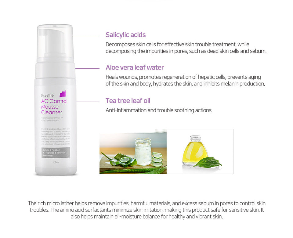 Salicylic acids, aloe vera leaf water, tea tree leaf oil. The rich micro lather helps remove impurities, harmful materials, and excess sebum in pores to control skin troubles. The amino acid surfactants minimize skin irritation, making this product safe