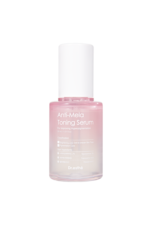 A bottle of Anti-Mela Toing Serum with a pink label and clear liquid visible inside.