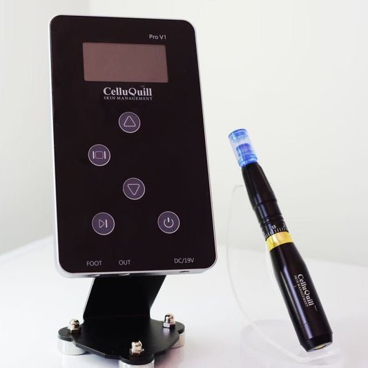 A professional microneedling and MTS device, including a black pen-like machine with buttons and a digital display, alongside a cartridge and a platinum ampoule.