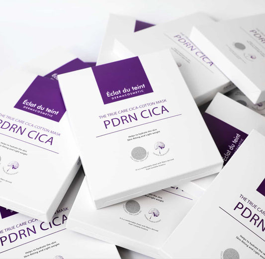 PDRN CICA skincare sheet mask in white and purple packaging