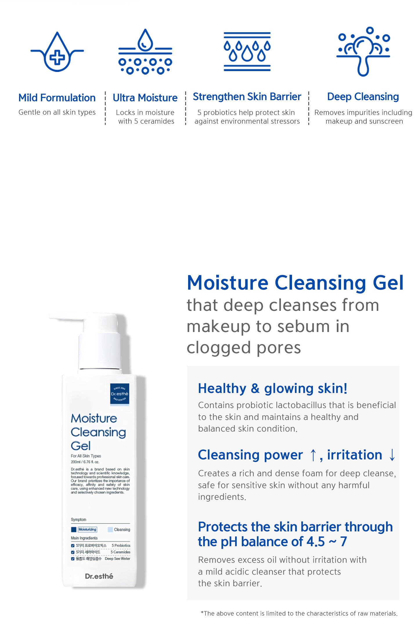 Moisture cleansing gel that deep cleanses from makeup to sebum in clogged pores. Healthy & glowing skin. Increase cleansing power, decrease irritation. Protects the skin barrier through the pH balance of 4.5~7. Mild formulation, ultra moisture