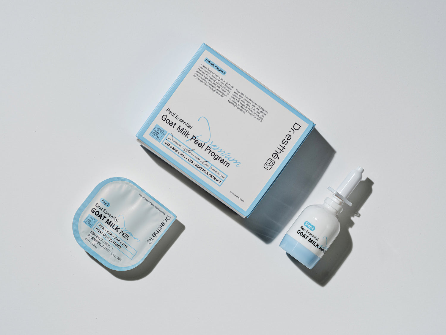 Goat milk peel premium, a professional facial peel combining four acids with real goat milk extract to gently exfoliate, smooth, and visibly retexurize the skin for a more radiant-looking complexion. Goat milk ampoule premium, a quick skin calming ampoule