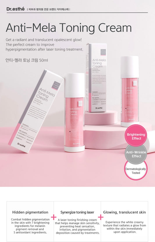 Product image of Anti-Mela Toning Cream, showing the packaging and the bottle with the cream inside. The packaging is predominantly white with some pink elements, and the product is portrayed as a premium skincare cream.
