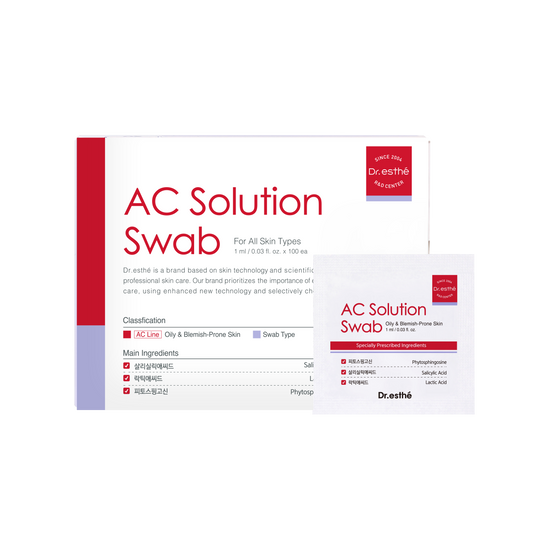 Packaging for Dr Esthe AC Solution Swab, displaying the product name and quantity, with additional text and branding.