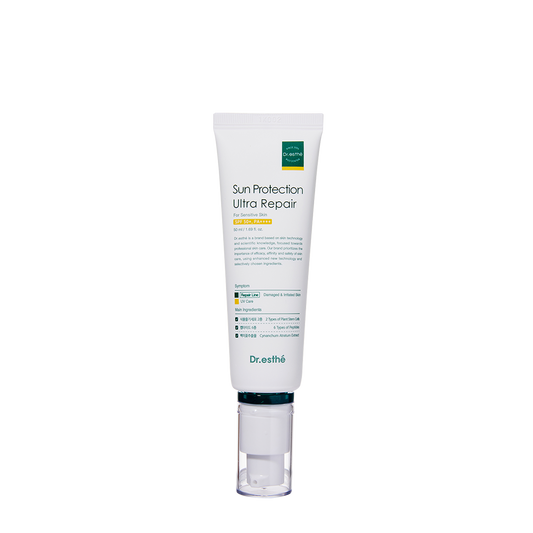 Sun Protection Ultra Repair Sunscreen Lotion SPF 50+ PA++++ in a white pump bottle with green and white labeling.