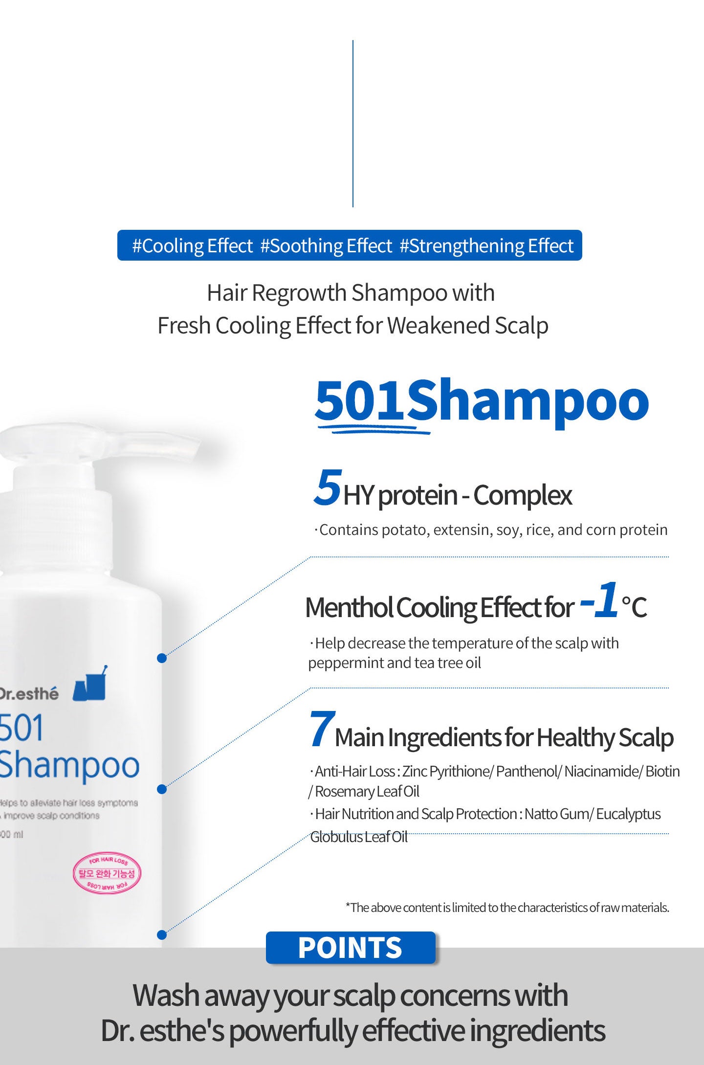Hair regrowth shampoo with fresh cooling effect for weakened scalp. 5 HY Protein - complex. Menthol cooling effect for -1 degree. 7 main ingredients for healthy scalp. Wash away your scalp concerns with Dr.esthe's powerfully effective ingredients.  