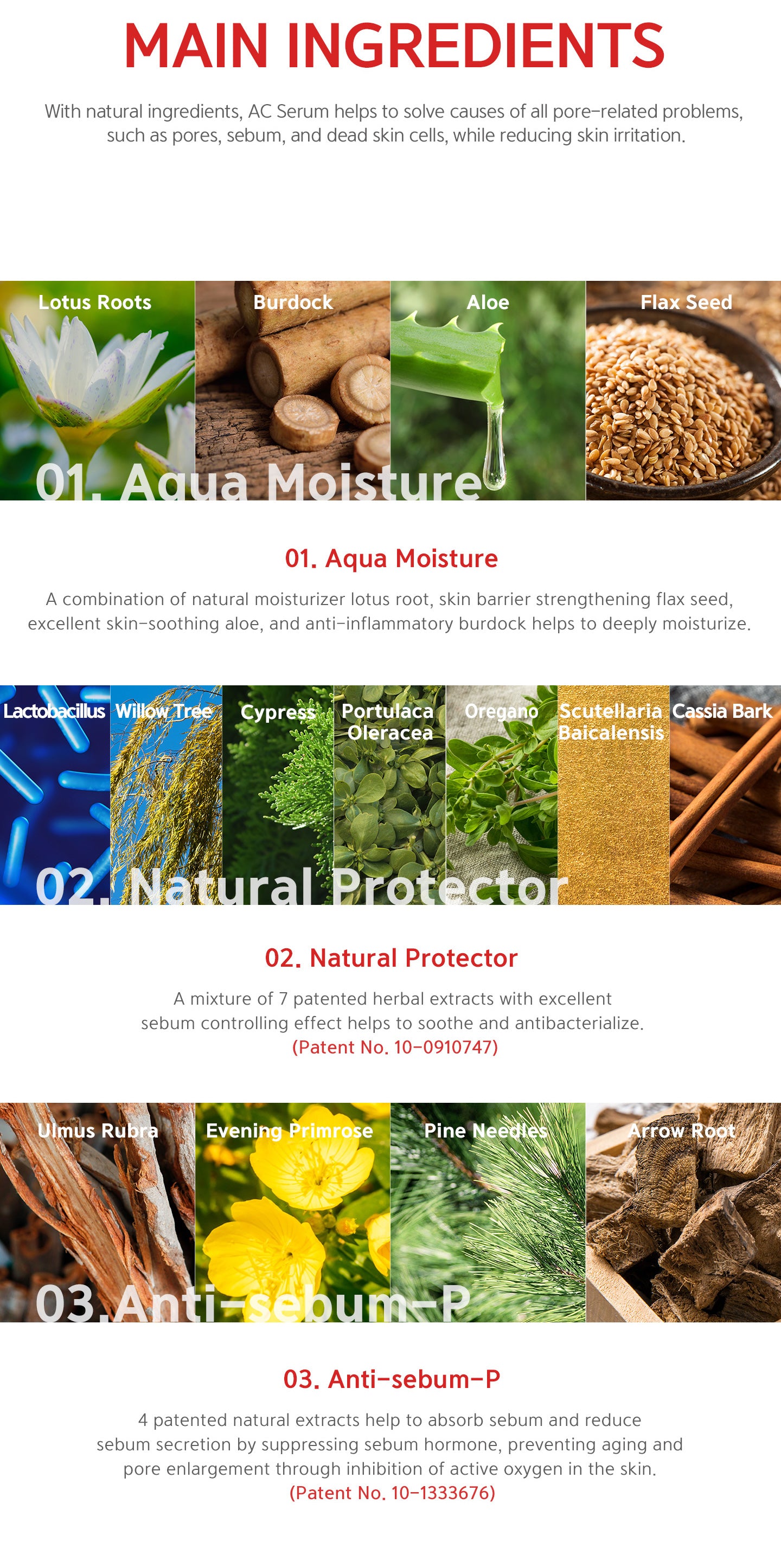 Main ingredients: aqua moisture, a combination of natural moisturizer lotus root, skin barrier strengthening flax seed, excellent skin-soothing aloe and anti-inflammatory burdock. Natural protector a mix of 7 patented herbal extracts. Anti-sebum-P.