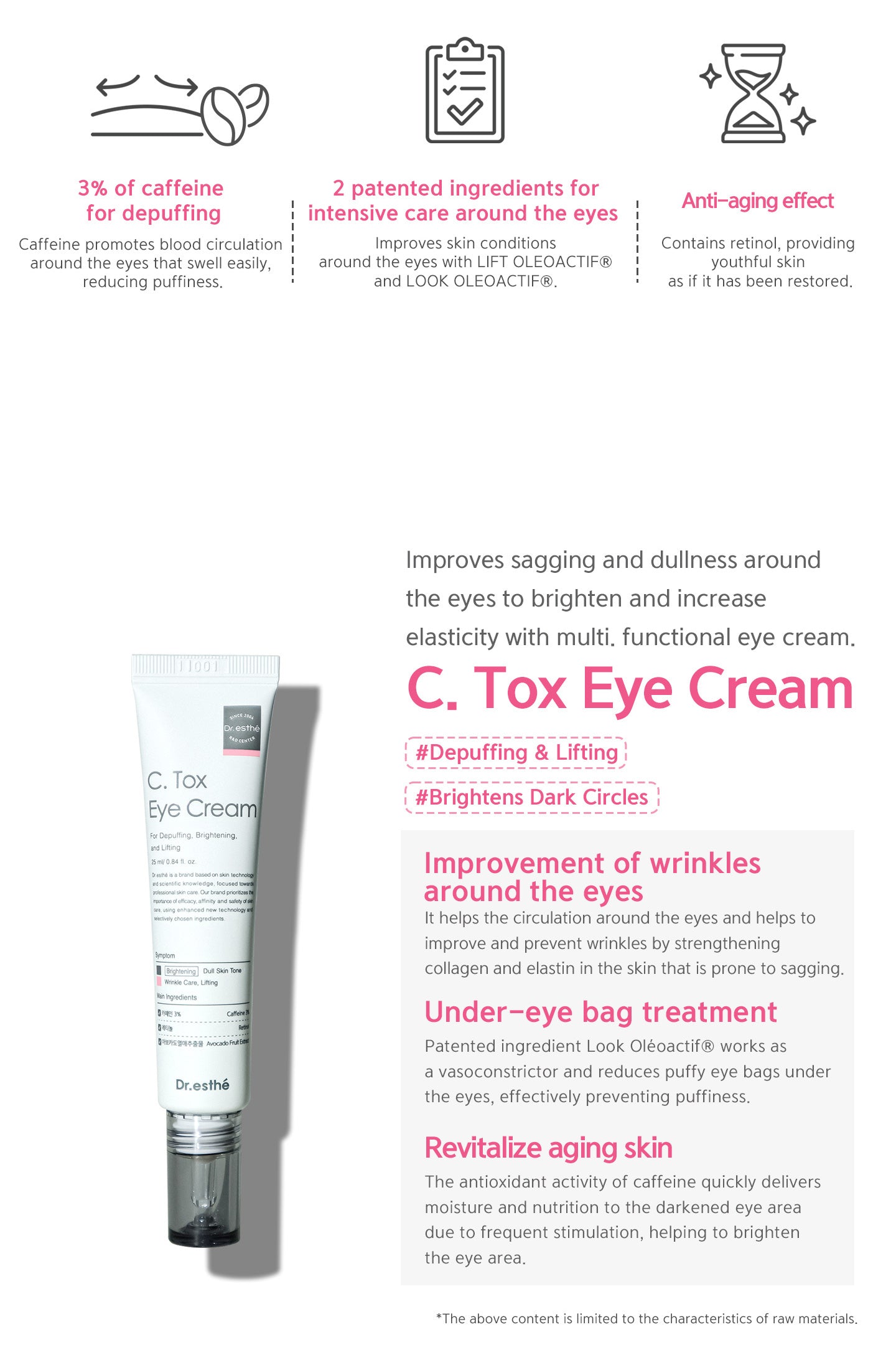 Improve sagging and dullness around the eyes to brighten and increase elasticity with multi-functional eye cream. 3% of caffeine for depuffing. 2 patented ingredients for intensivce care around the eyes. Contains retinol for anti-aging effect.
