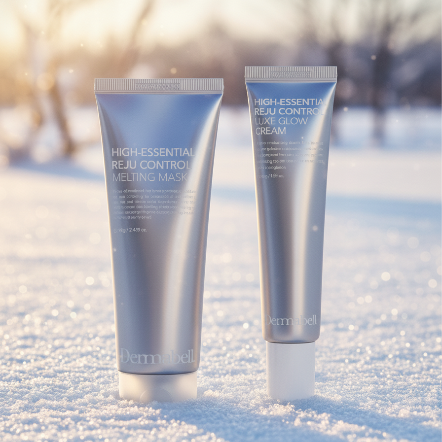 Two Dermabell Luxe Glow Cream skincare products on a snowy surface with a blurred natural background
