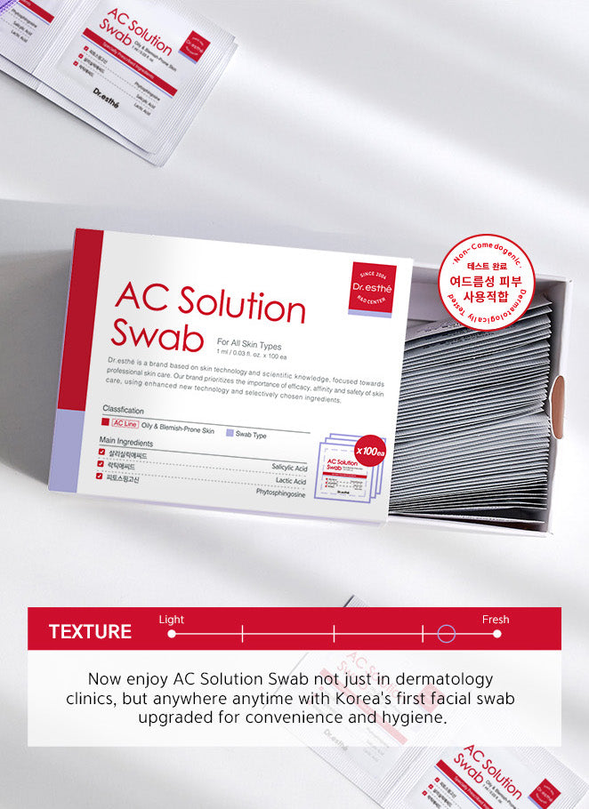 Now enjoy AC Solution swab not just in dermatology clinics, but anywhere anytime with Korea's first facial swab upgraded for convenience and hygiene. 