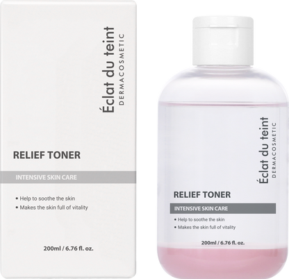 Éclat du teint Relief Toner bottle and packaging on a white background