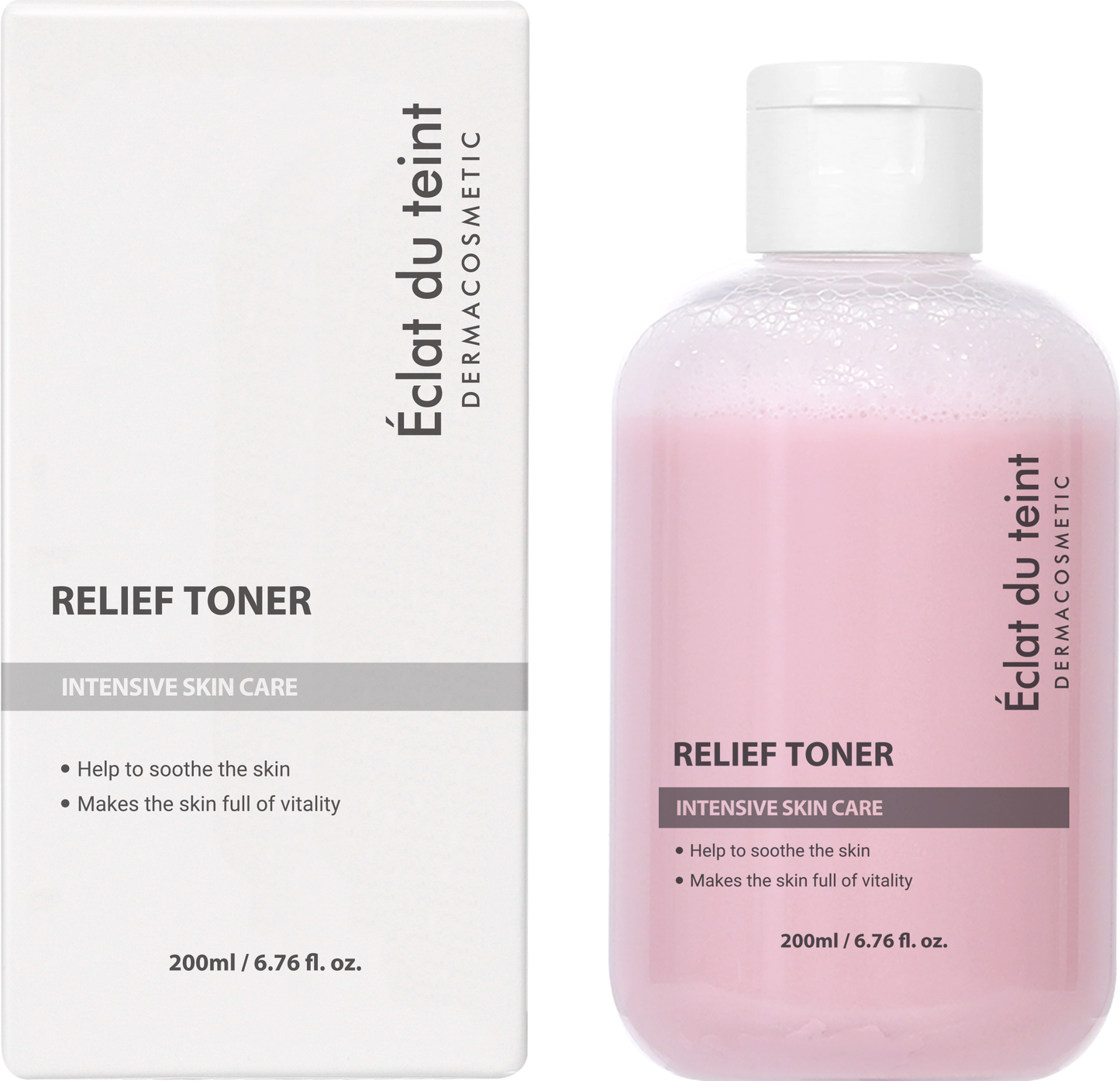Éclat du teint Relief Toner bottle and packaging on a white background