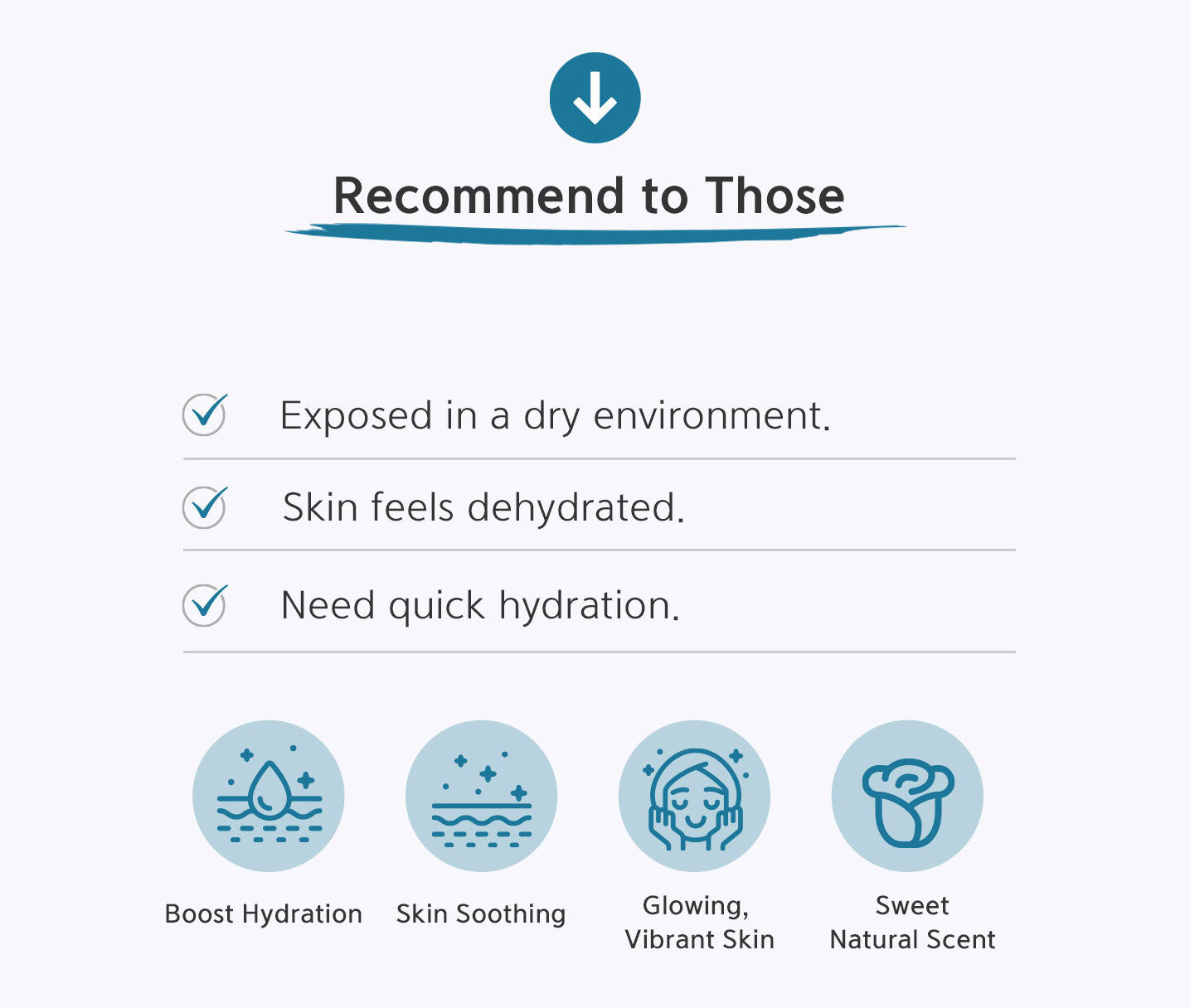 Recommend to those who exposed in a dry environment, skin feels dehydrated, need quick hydration. Boost hydration, skin soothing, glowing, vibrant skin, sweet natural scent. 