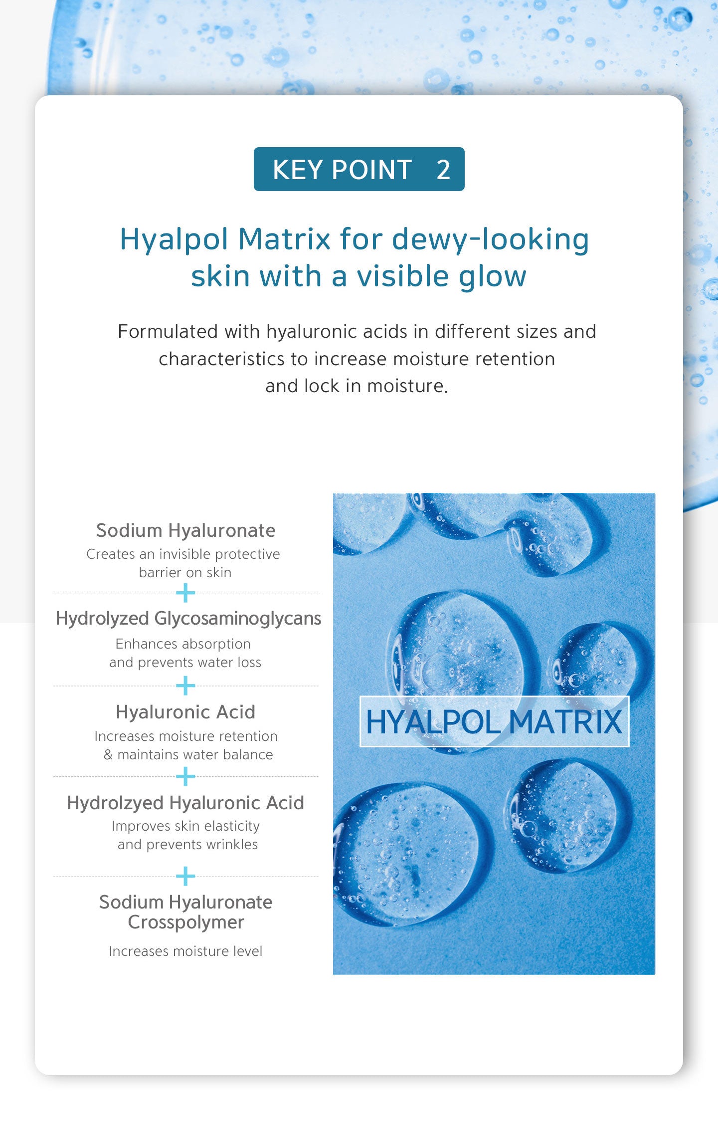 Formulated with hyaluronic acids in different sizes and characteristics to increase moisture retention and lock in moisture. Hyalpol matrix: sodium hyaluronate + hydrolyzed glycosaminoglycans + hyaluronic acid + hydrolyzed hyaluronic acid + sodium hyaluro
