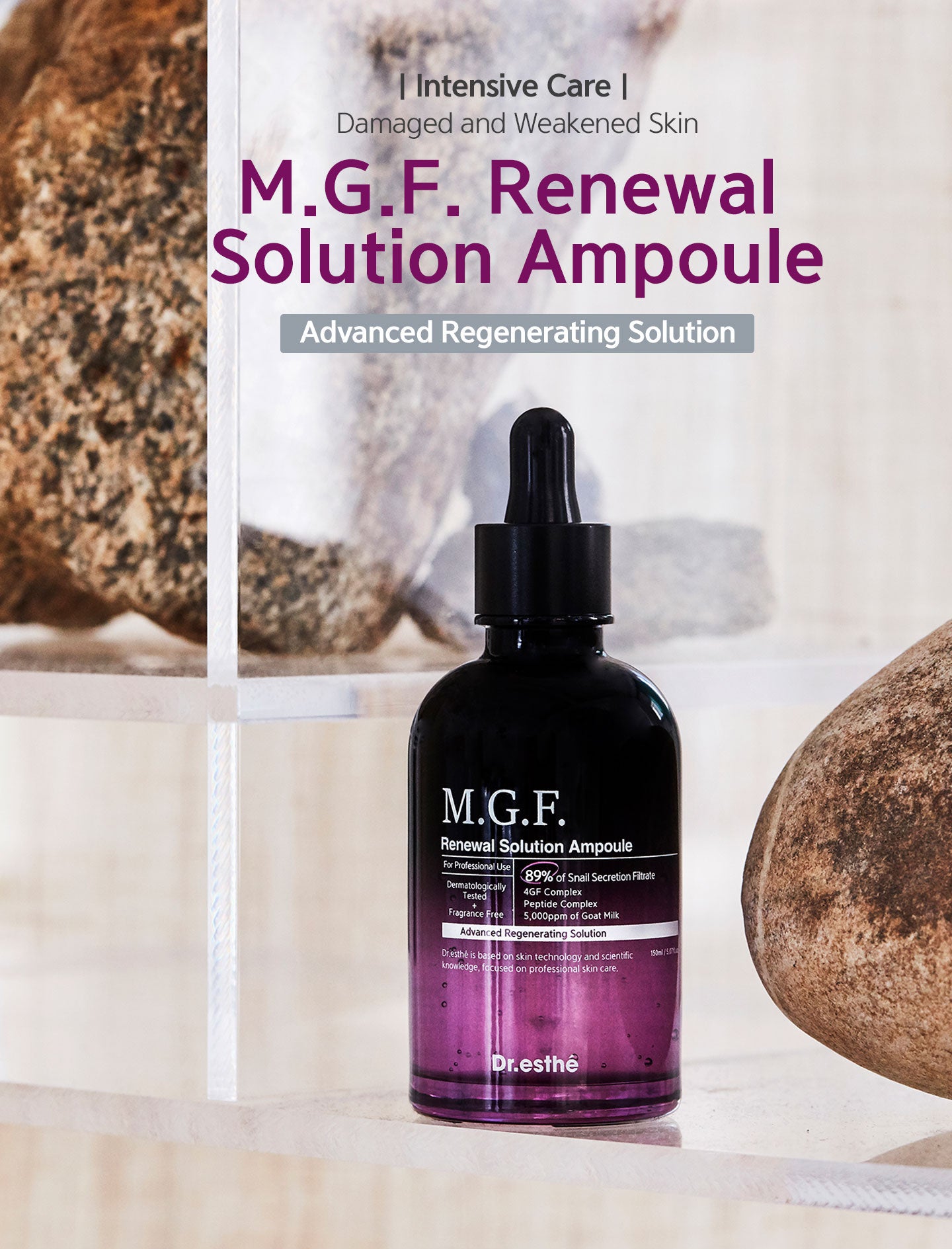 Intensive care for damaged and weakened skin. M.G.F. Renewal  solution ampoule Advanced regenerating solution. 