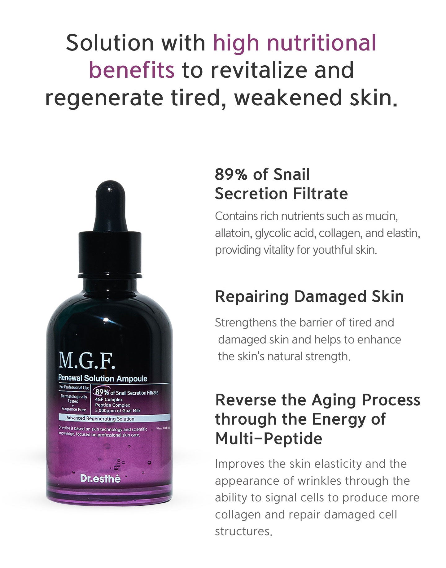 Solution with high nutritional benefits to revitalize and regenerate tired, weakened skin. 89% of snail secretion filtrate, repairing damaged skin and reverse the aging process through the energy of multi-peptide. 