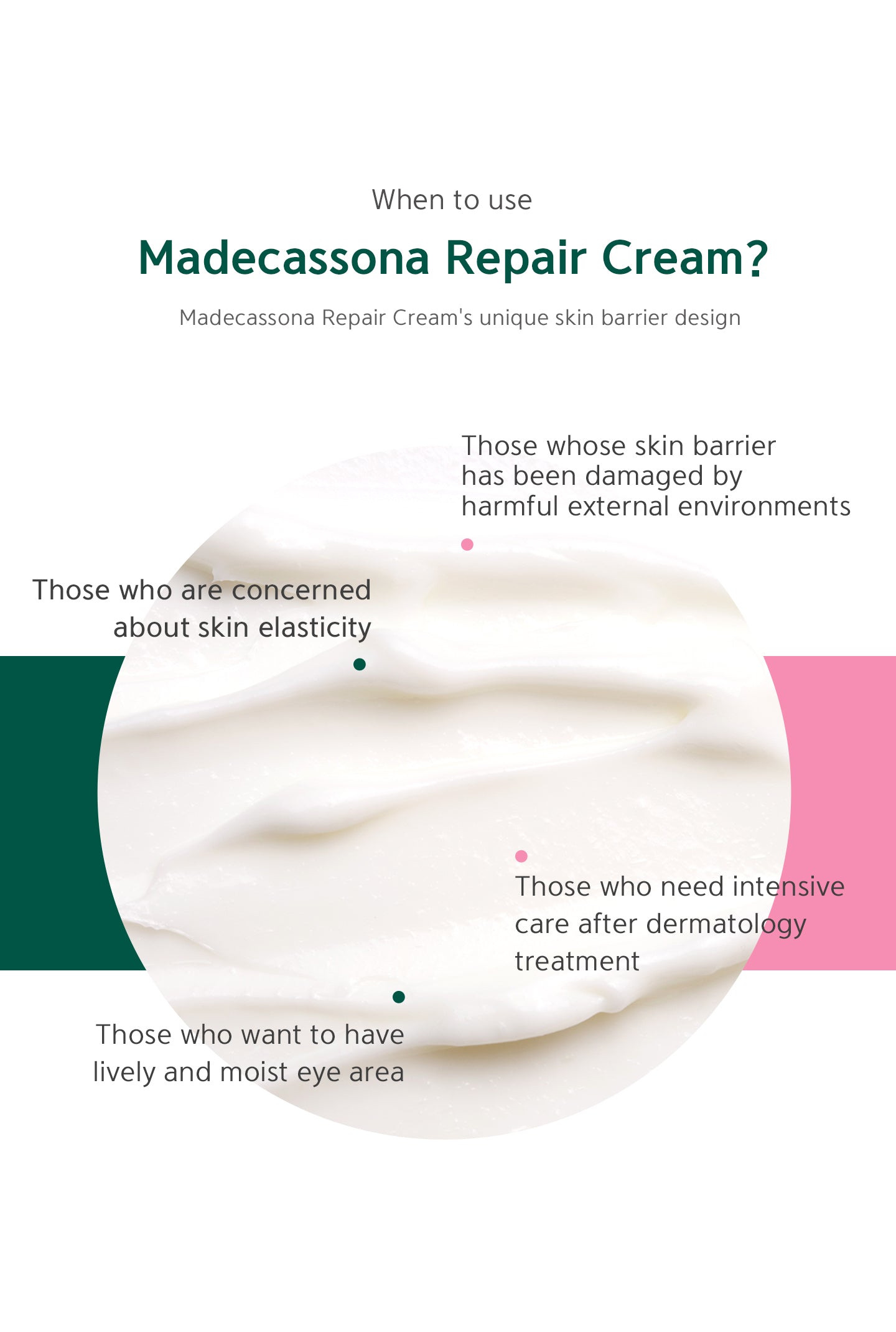 When to use madecassona repair cream? For those whose skin barrier has been damaged by harmful external environments, who are concerned about skin elasticity, who need intensive care after dermatology treatment, who want to have lively and moist eye area.