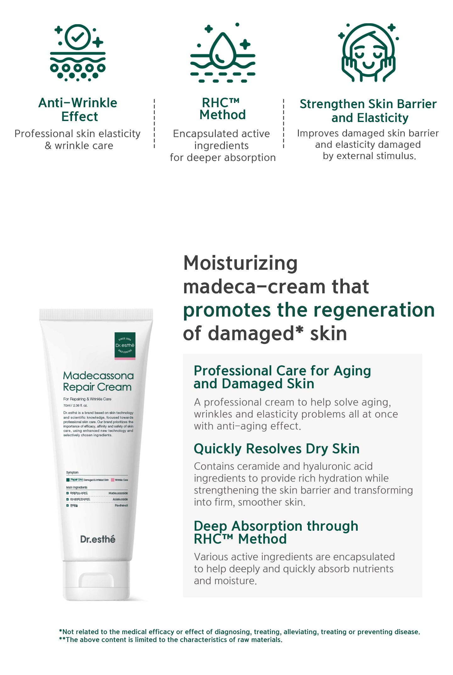 Moisturizing madeca-cream that promotes the regeneration of damaged skin. Professional care for aging and damaged skin. Quickly resolves dry skin. Deep absorption through RHC method. 