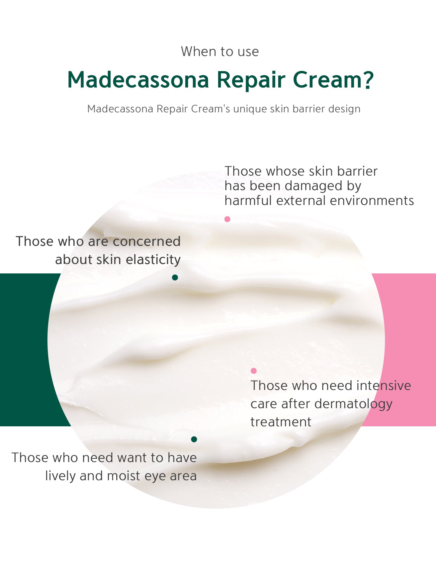 When to use madecassona repair cream? For those whose skin barrier has been damaged by harmful external environments, who are concerned about skin elasticity, who need intensive care after dermatology treatment, who want to have lively and moist eye area.