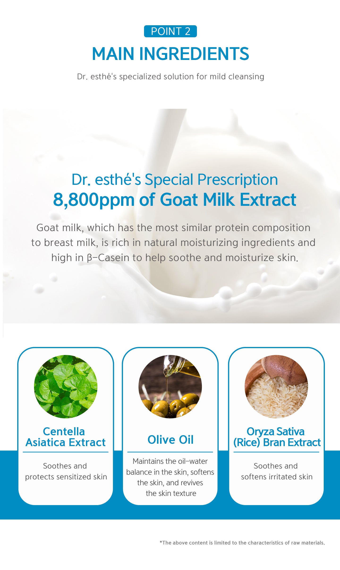 Dr.esthe's special prescription 8800 ppm of goat milk extract. Goat milk, which has the most similar protein composition to breast milk, is rich in natural moisturizing ingredients to help soothe and moisturize skin. Centella asiatica extract, olive oil