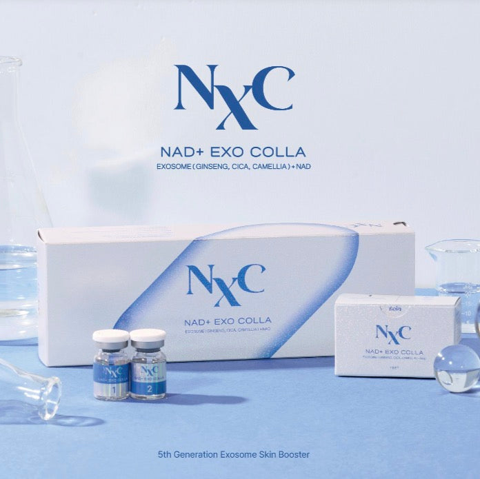 NXC NAD EXO COLLA ampoule skincare products including a box, vials, and bottles on a light blue background