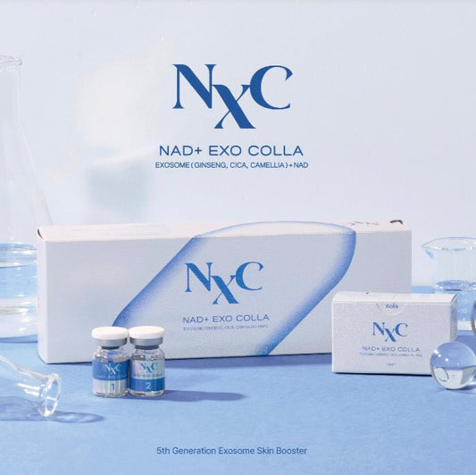 NXC NAD EXO COLLA ampoule skincare products including a box, vials, and bottles on a light blue background
