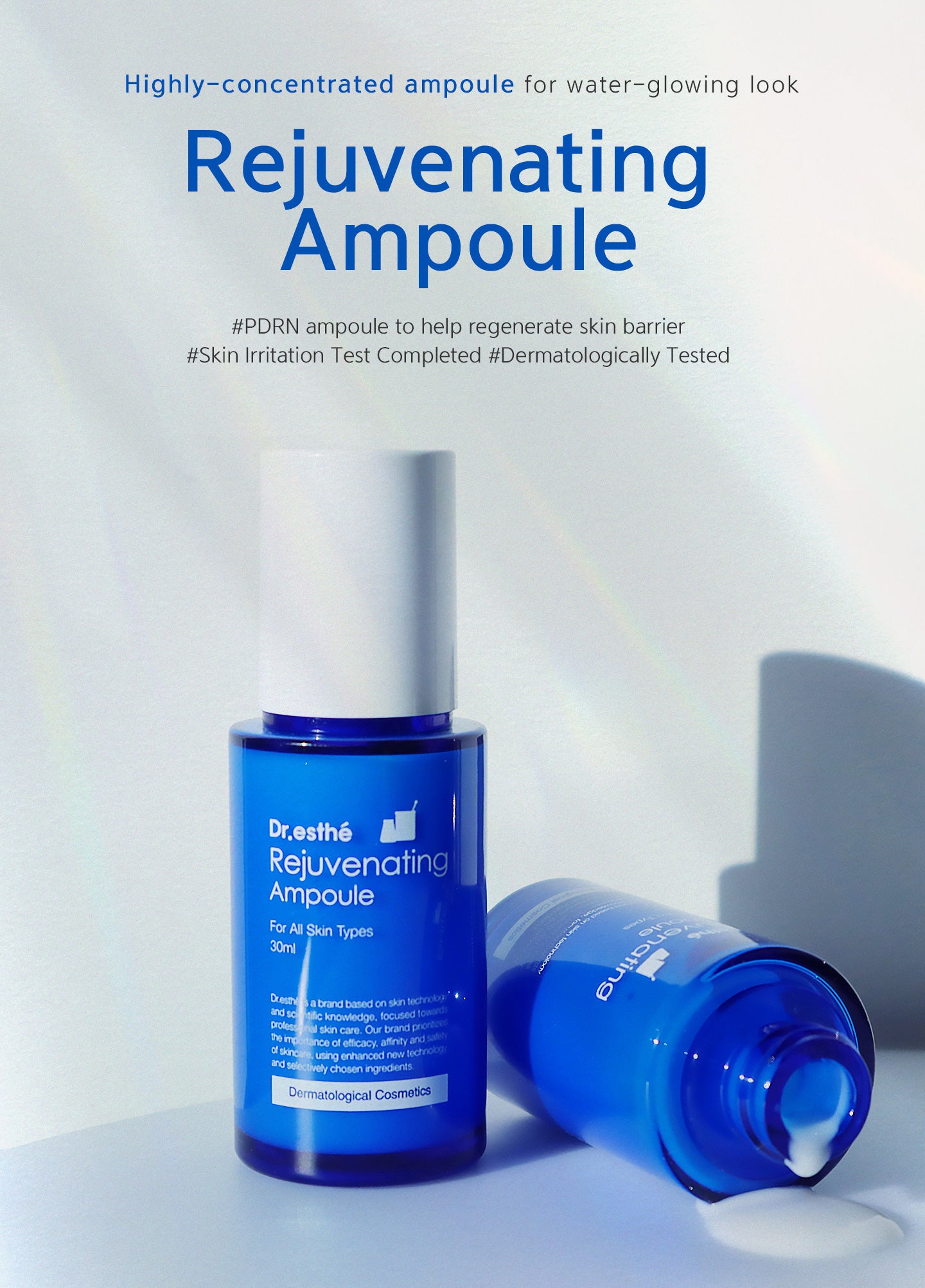 Rejuvenating ampoule. Highly-concentrated ampoule for water-glowing look. #pdrn ampoule to help regenerate skin barrier #skin irritation test completed #dermatologically tested.
