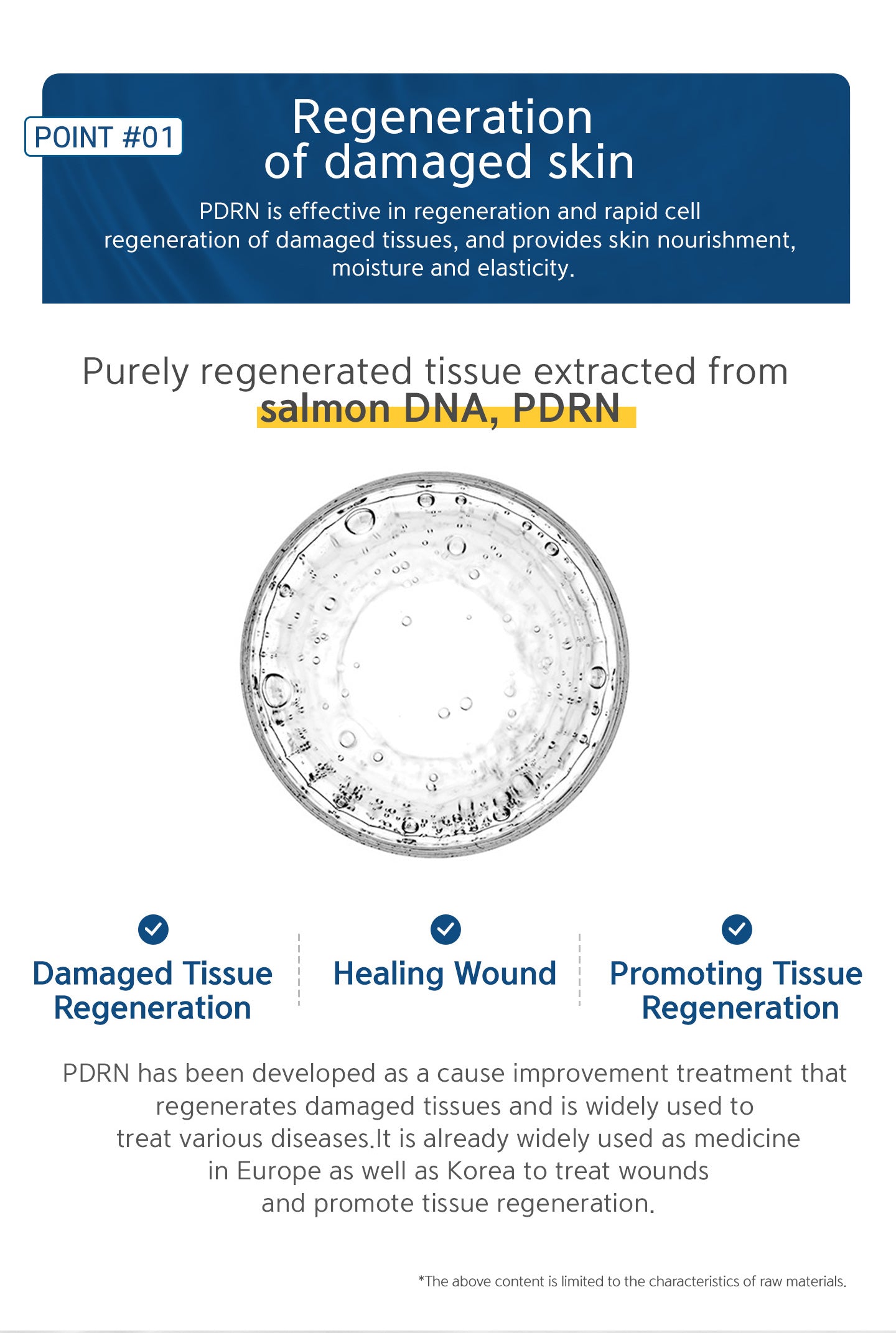 Purely regenerated tissue extracted from salmon DNA, PDRN. Damaged tissue regeneration, healing wound, promoting tissue regeneration. 