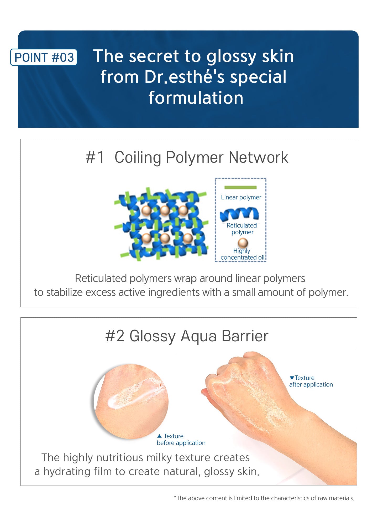 The secret to glossy skin from dr.esthe's special formulation: #1 cooling polymer network. Reticulated polymers wrap around linear polyme #2 glossy aqua barrier: The highly nutritious milky texture creates a hydrating films to create natural, glossy skin.