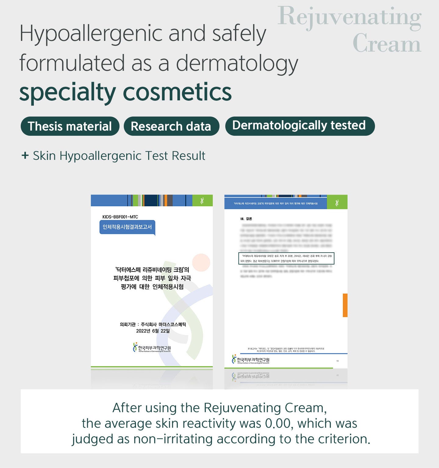Hypoallergenic and safely formulated as a dermatology specialty cosmetics. After using the rejuvenating cream, the average skin reactivity was 0.00, which was judged as non-irritating according to the criterion. 