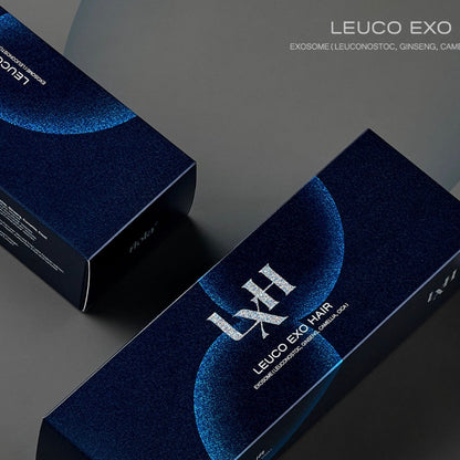 Two dark blue boxes with 'Riola Leuco Exo Hair Scalp' ampoules branding on a gray background