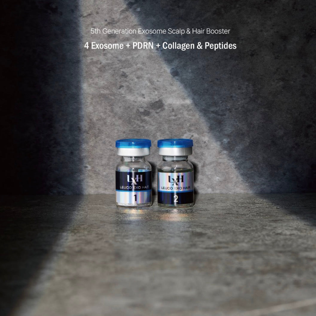 Two vials of Riola Leuco LXH EXO ampoules labeled 'LXH' on a gray surface with a dark background