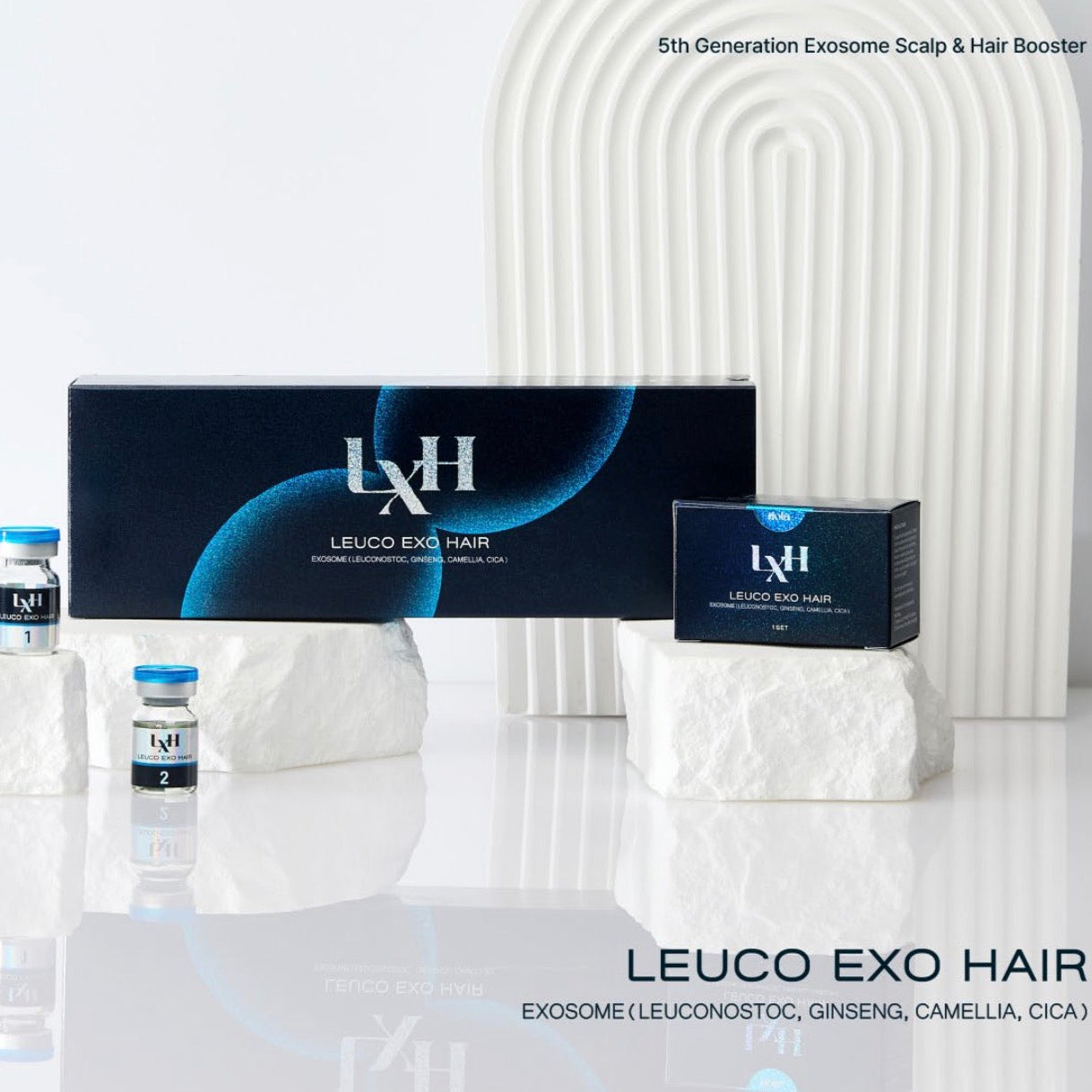 Riola LEUCO EXO HAIR anc scalp product packaging with vials on a white background