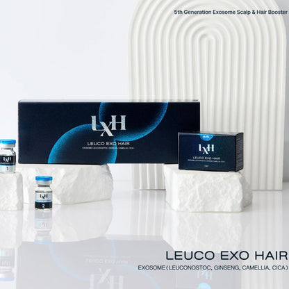 Riola LEUCO EXO HAIR anc scalp product packaging with vials on a white background