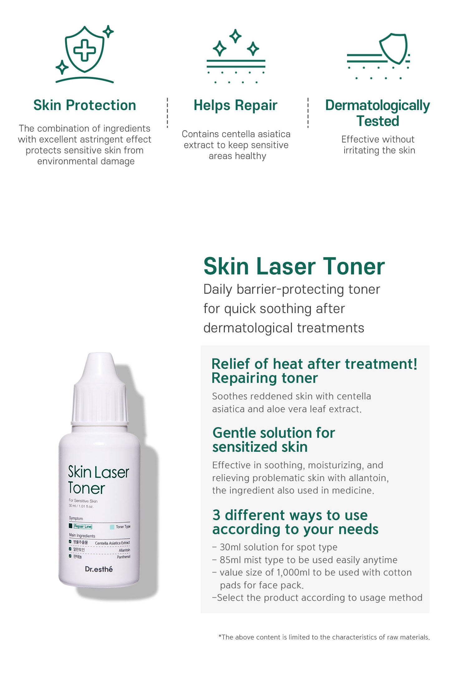 Skin laser toner relief the heat after treatment. Repairing toner. Gentle solution for sensitized skin. 3 different ways to use according to your needs. Dermatologically tested. 