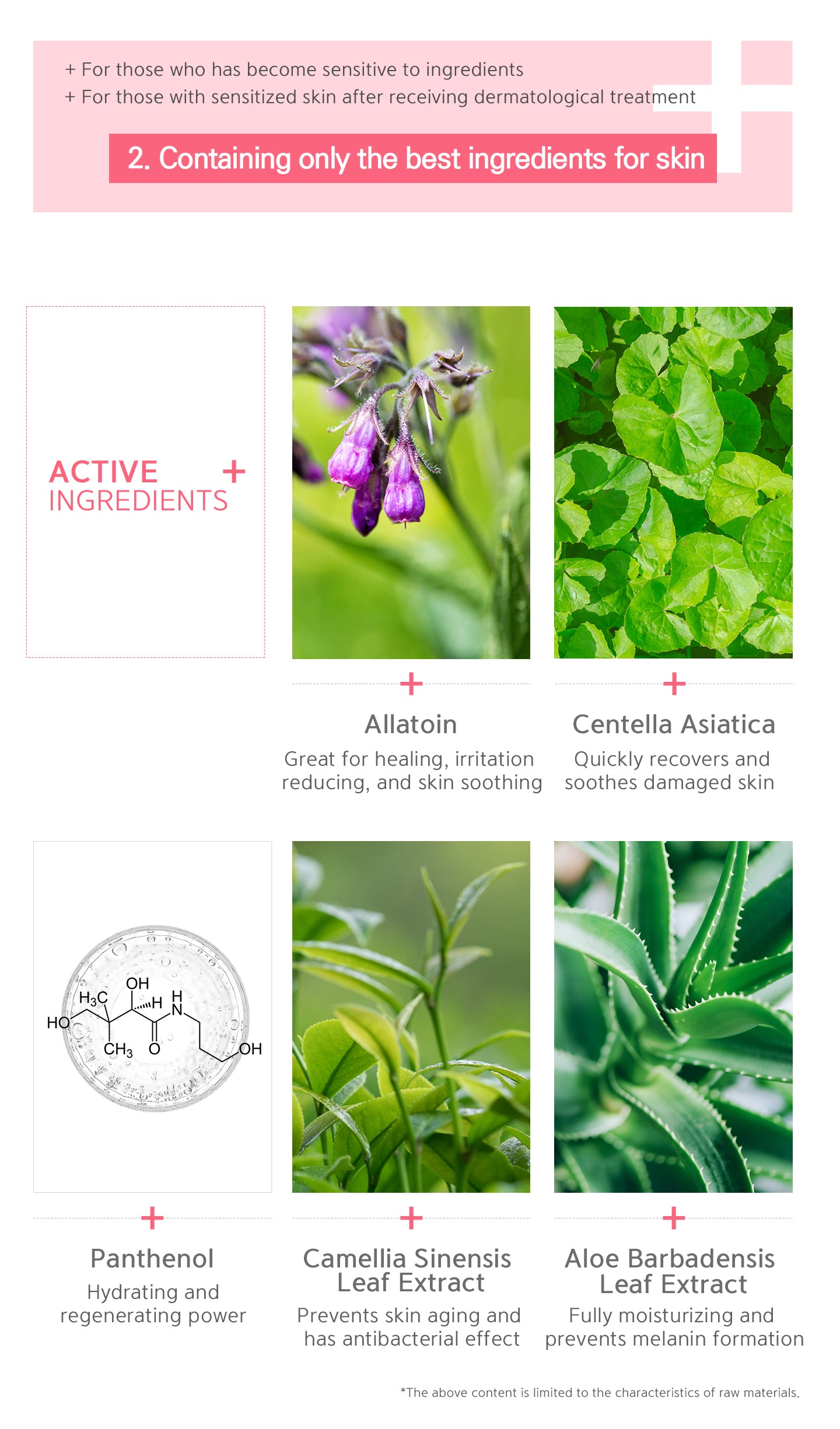 Active ingredients allatoin, centella asiatica, panthenol, camellia sinensis leaf extract and aloe barbadensis leaf extract. 