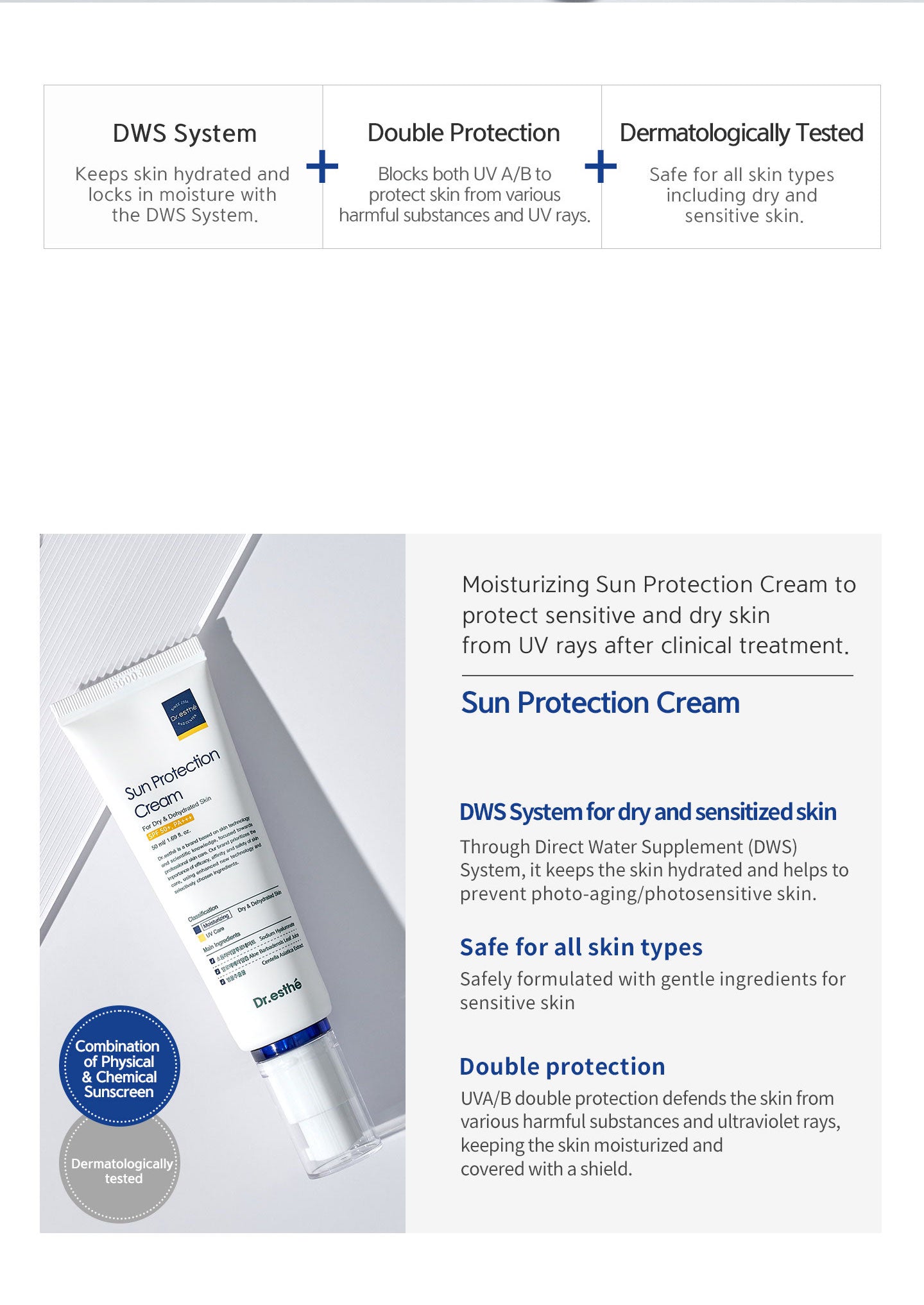 UVA/UVB double protection defends the skin from various harmful substances and ultraviolet rays, keeping the skin moisturized and covered with a shield. Dermatologically tested. DWS System. Moisturizing sun protection cream to protect sensitive/dry skin.