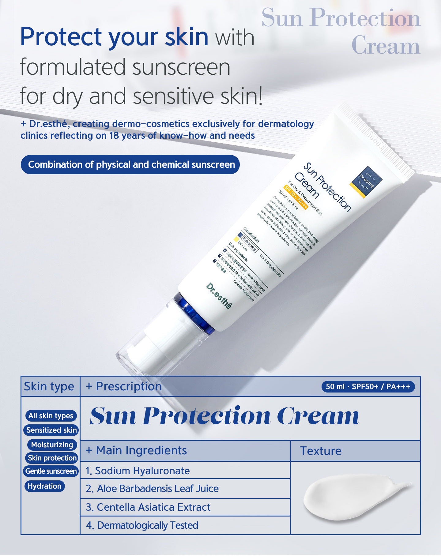 Formulated sunscreen for dry and sensitive skin. Combination of physical and chemical sunscreen. Sodium hyaluronate, aloe barbadensis leaf juice, centella asiatica extract. Dermatologically tested. SPF50+ PA+++