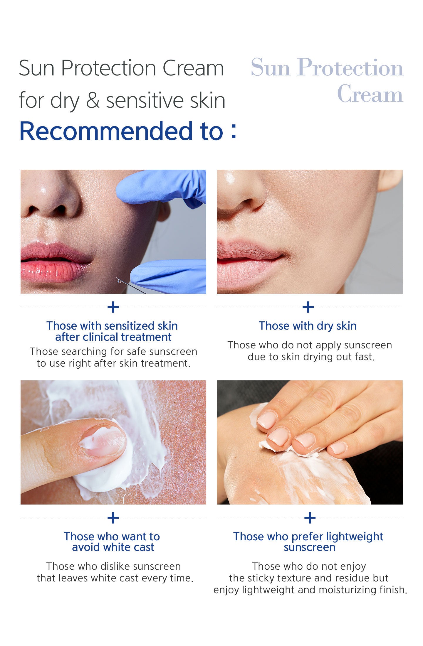 Sun protection cream recommended to those with sensitized skin after clinical treatment, with dry skin, who want to avoid white cast, prefer lightweight sunscreen. 