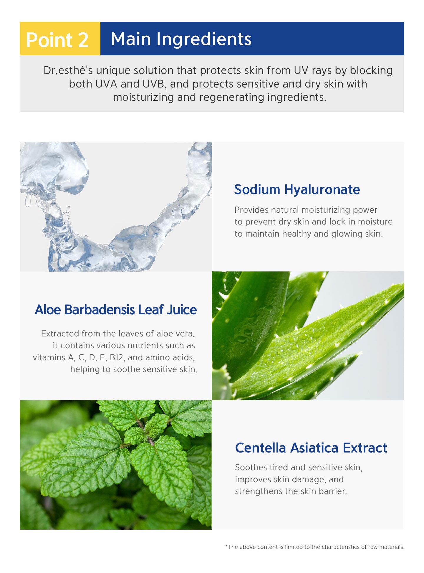 Main ingredients: sodium hyaluronate, aloe barbadensis leaf juice, contains various nutrients such as vitamins A, C, D, E, B12 and amino acids, centella asiatica extract. 