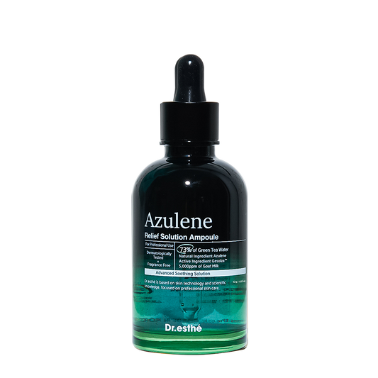 A bottle of Azulene Relief Ampoule with a dropper, primarily dark green in color with white and lighter green text detailing the product information.